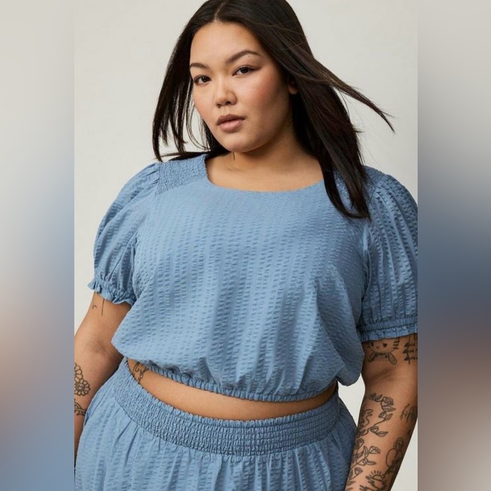 Torrid Mountain Spring Blue Midi Seersucker Smocked Crop Top & Skirt Set, NEW! - Picture 7 of 12
